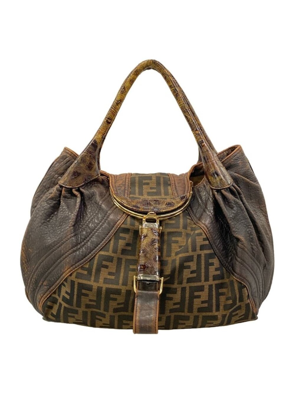 Fendi Handbag Spy Bag Brown Dark Embossed Leather